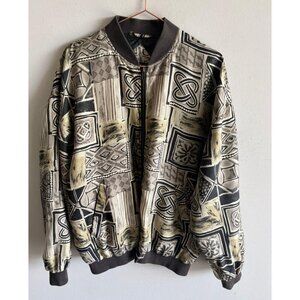 Montage Pour Homme Mens Zip Up Jacket Silk Bomber Abstract Geometric Brown Sze M